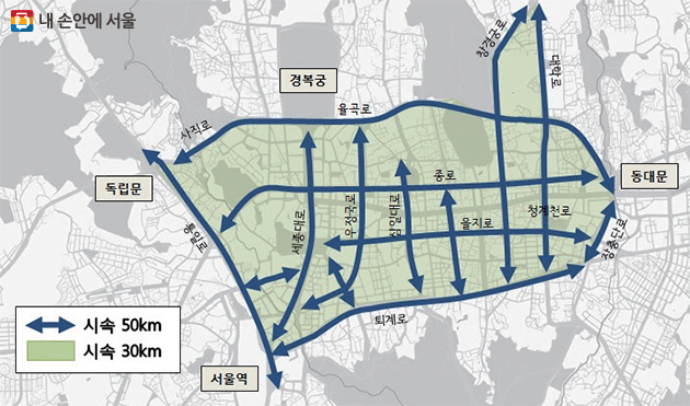 제한속도가 하향되는 사대문안 도로